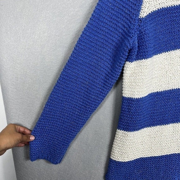 Chico's Sweater Top Size 3/XL Blue Striped Metallic Gold Open Knit Pullover - Picture 5 of 13